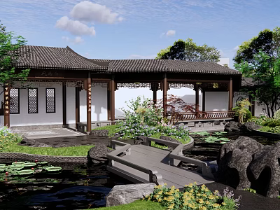 Rockery Stones in Traditional Chinese Garden with Stone Bridge Lotus Pond and Pavilion 3d model