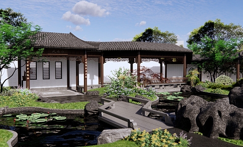 New Chinese-style courtyard demonstration area landscape rockery landscape stone bridge water gallery pavilion water pavilion corridor garden pool 3d model