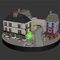 Traditional European Buildings With White Blue Facades Sloped Roofs Outdoor Seating And Street Scene
