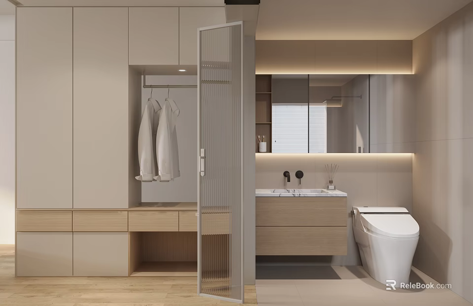 Modern Bathroom Interior Design With White Toilet Vanity Mirror Glass Door And Cabinets 3d model 