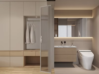 Modern Bathroom Interior Design With White Toilet Vanity Mirror Glass Door And Cabinets 3d model