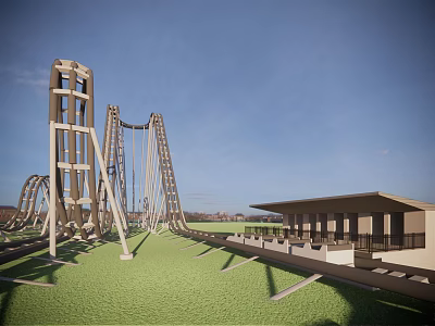 Thrilling Roller Coaster Amusement Equipment With Green Grass And Modern Building 3d model