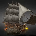 Historical Sailing Ship With Multiple Sails Wooden Structure And Lit Lanterns 3d model