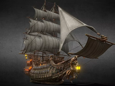 Historical Sailing Ship With Multiple Sails Wooden Structure And Lit Lanterns 3d model Historical Sailing Ship With Multiple Sails Wooden Structure And Lit Lanterns 3d model