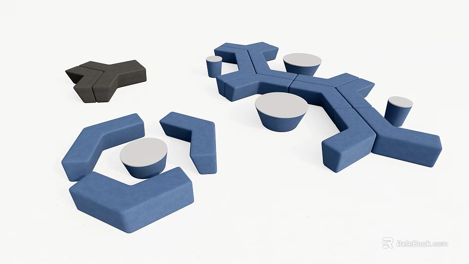 Irregular Shaped Sofas With Modular Geometric Design Blue Black And Circular Tables 3d model