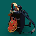 Black Backpack With Samurai Sword Fox Mask And Headphones On Green Background