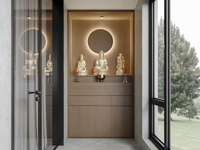 Modern Wooden Entry Side Cabinet With Warm Ambient Lighting For Buddha Statue Storage And 3d model