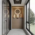 Modern Wooden Entry Side Cabinet With Warm Ambient Lighting For Buddha Statue Storage And