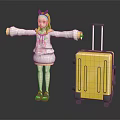 3D Cat Ear Character In Yellow White Hoodie Standing With Arms Outstretched By Yellow Suitcase
