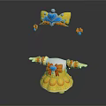 Yellow Dress With Orange Accents And Headpiece Featuring Blue Heart Decor