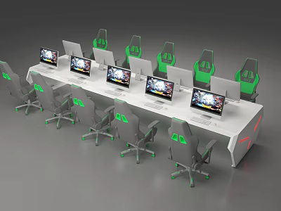 Long Modern White Entertainment Desk With Multiple Gaming Monitors And Green Gray Chairs 3d model