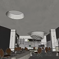 Modern Restaurant Interior With Brown Chairs Hanging Lamp And Large Windows 3d model