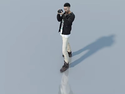 Man holding camera in black jacket white shirt beige pants on smooth floor with reflection 3d model