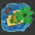 Tropical Island Scene With Palm Tree Red House Small Boat Wavy Water And Flying Airplane