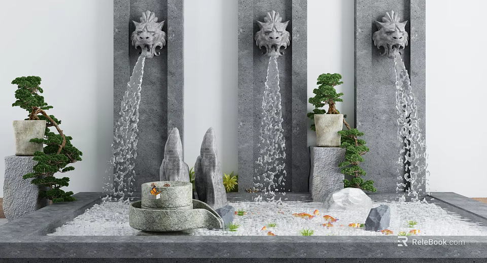 Garden Ornament with Lion Head Fountains Water Flow Rock Formations Bonsai Tree and Goldfish Pond 3d model 