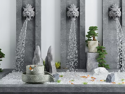 Garden Ornament with Lion Head Fountains Water Flow Rock Formations Bonsai Tree and Goldfish Pond 3d model