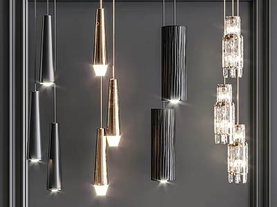 Stylish Chandeliers Featuring Metallic And Glass Cylindrical Conical Designs Illuminated On Dark Wall 3d model