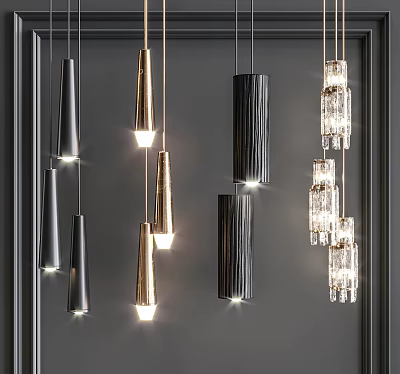 Stylish Chandeliers Featuring Metallic And Glass Cylindrical Conical Designs Illuminated On Dark Wall 3d model