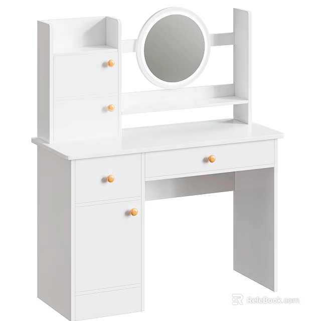 Cosmetics Store White Vanity Table With Round Mirror And Orange Knobs 3d model 