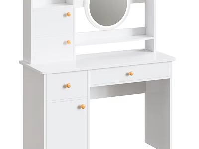 Cosmetics Store White Vanity Table With Round Mirror And Orange Knobs 3d model