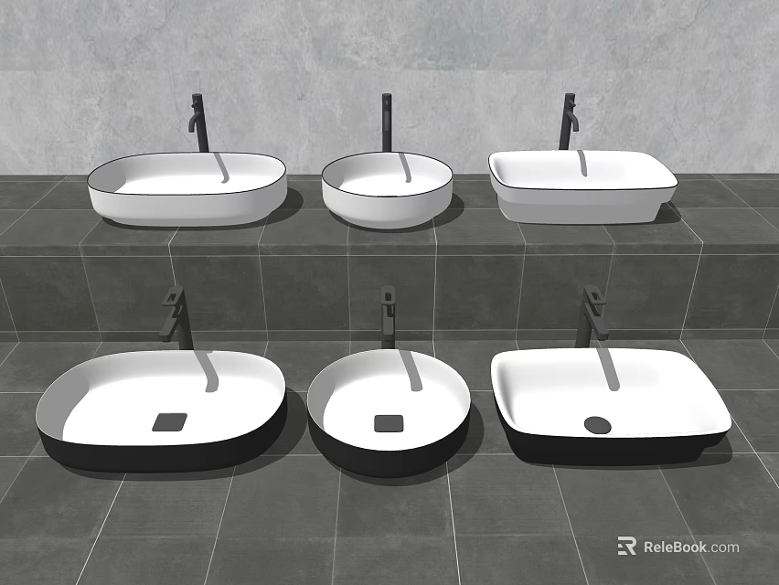 Various Modern Ceramic Washbasins With Different Shapes And Faucets On Tiled Steps 3d model 