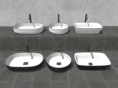 Various Modern Ceramic Washbasins With Different Shapes And Faucets On Tiled Steps 3d model
