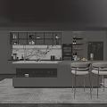 Modern Elegant Kitchen Interior With Gray Island Counter Cabinets Bar Stools And Lighting