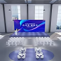 Modern Spacious Conference Room With Stage Large Screen White Chairs Round Tables And City View
