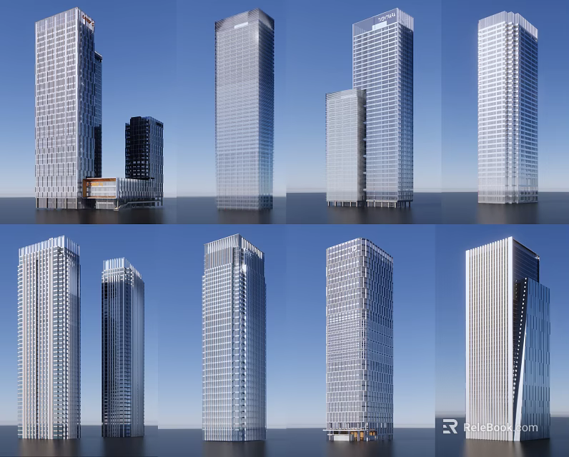 Modern Office Buildings With Glass Facades And Various Architectural Designs 3d model 