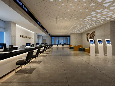Modern Service Hall Interior With Service Counters Seating And Self Service Kiosks 3d model