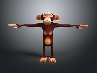 3D Cartoon Monkey Character With Brown Fur Outstretched Arms And Big Ears 3d model