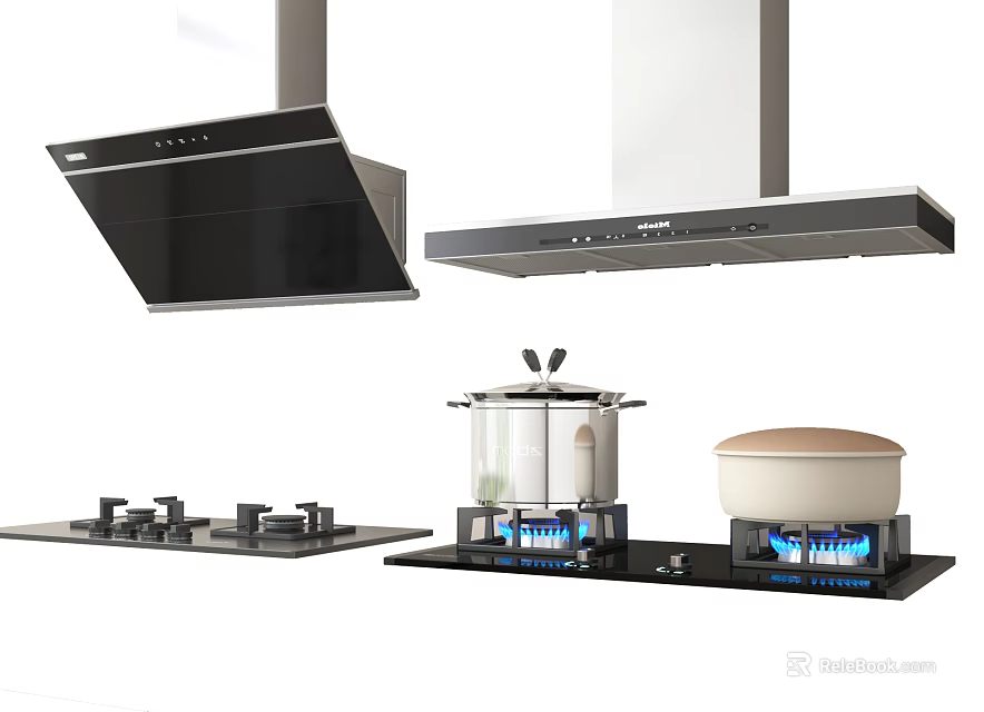 Stylish Kitchen Appliances Including Black Silver Range Hoods Gas Stoves With Blue Flames And Pots 3d model 