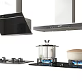 Stylish Kitchen Appliances Including Black Silver Range Hoods Gas Stoves With Blue Flames And Pots