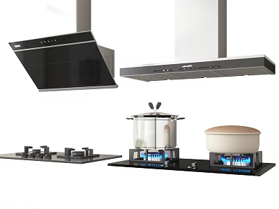 Stylish Kitchen Appliances Including Black Silver Range Hoods Gas Stoves With Blue Flames And Pots 3d model