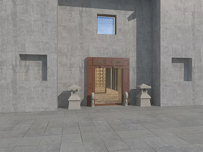 Traditional Entrance Gate With Gray Wall Wooden Door Stone Lanterns And Stone Paved Ground 3d model