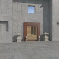 Traditional Entrance Gate With Gray Wall Wooden Door Stone Lanterns And Stone Paved Ground
