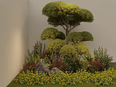 Shaped Tree Surrounded By Green Plants And Yellow Flowers In Garden 3d model