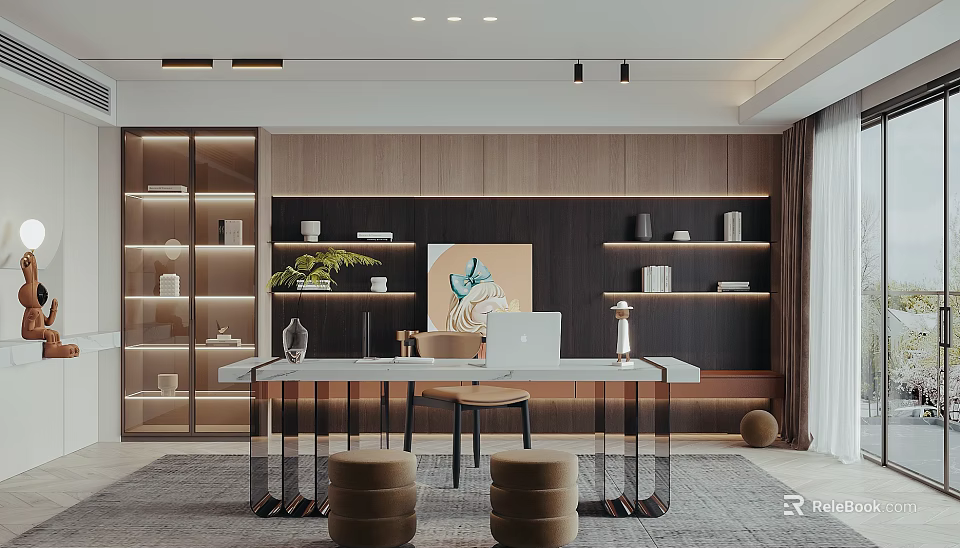 Modern Study Room Interior With White Desk Laptop Wooden Bookshelves Green Plant And Artwork 3d model 