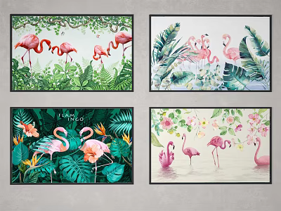 Flamingo Animal Paintings With Tropical Green Leaves And Colorful Flowers 3d model