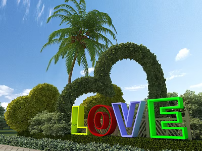 Square Landscape With Heart Shaped Greenery Arch Palm Tree And Colorful LOVE Letters 3d model