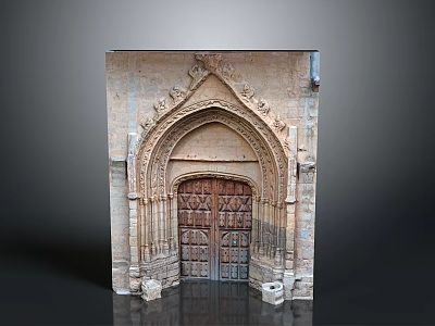 Historic Architecture Featuring Arched Stone Doorway With Intricate Carvings And Wooden Paneled Door 3d model