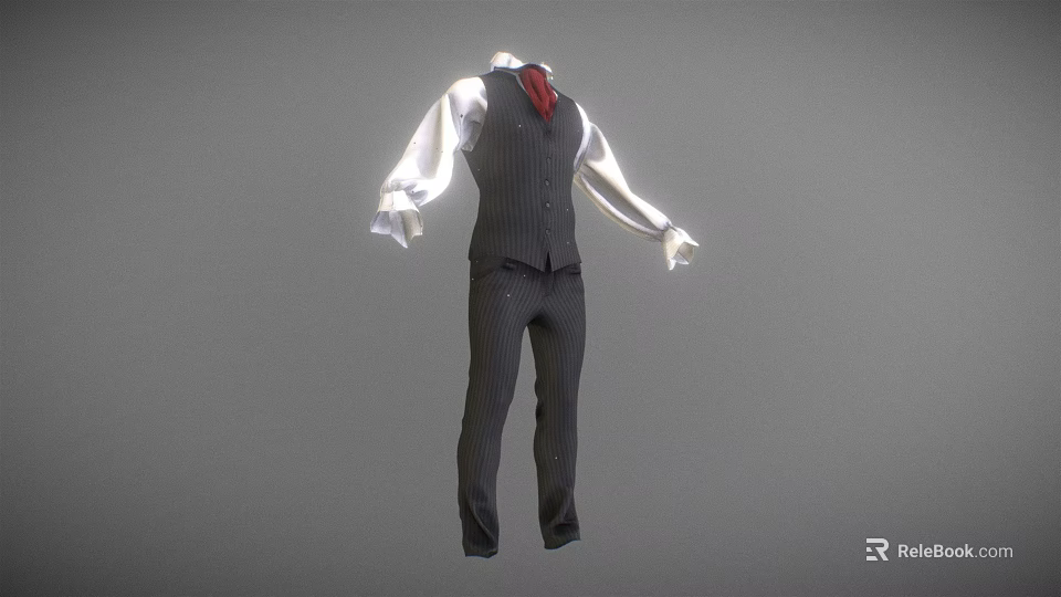 Men's Striped Suit Set With Vest White Shirt And Red Tie 3d model 