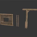 Wooden Building Components Featuring Panel With Square Window Ladder And Pole