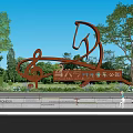 Orange Music Note And Horse Shape Sculpture In Outdoor Park With Trees Water Area