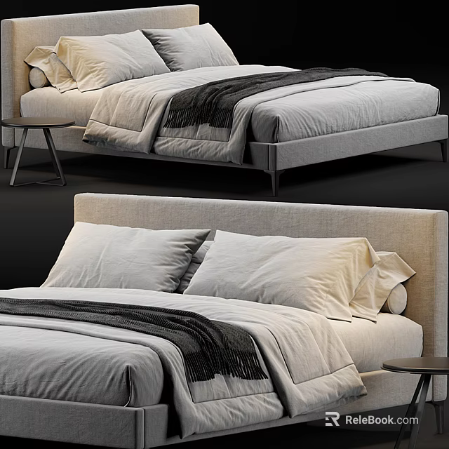 Modern Double Bed With Upholstered Headboard White Bedding Gray Throw And Nightstand 3d model 
