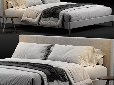 Modern Double Bed With Upholstered Headboard White Bedding Gray Throw And Nightstand 3d model