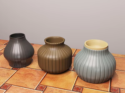 Three Modern Ceramic Vases With Striped Design In Different Colors On Tiled Floor 3d model