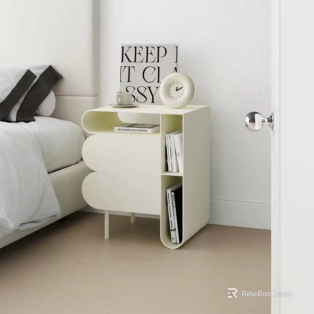 Modern White Bedside Table With Curved Design Clock Book And Open Shelves 3d model