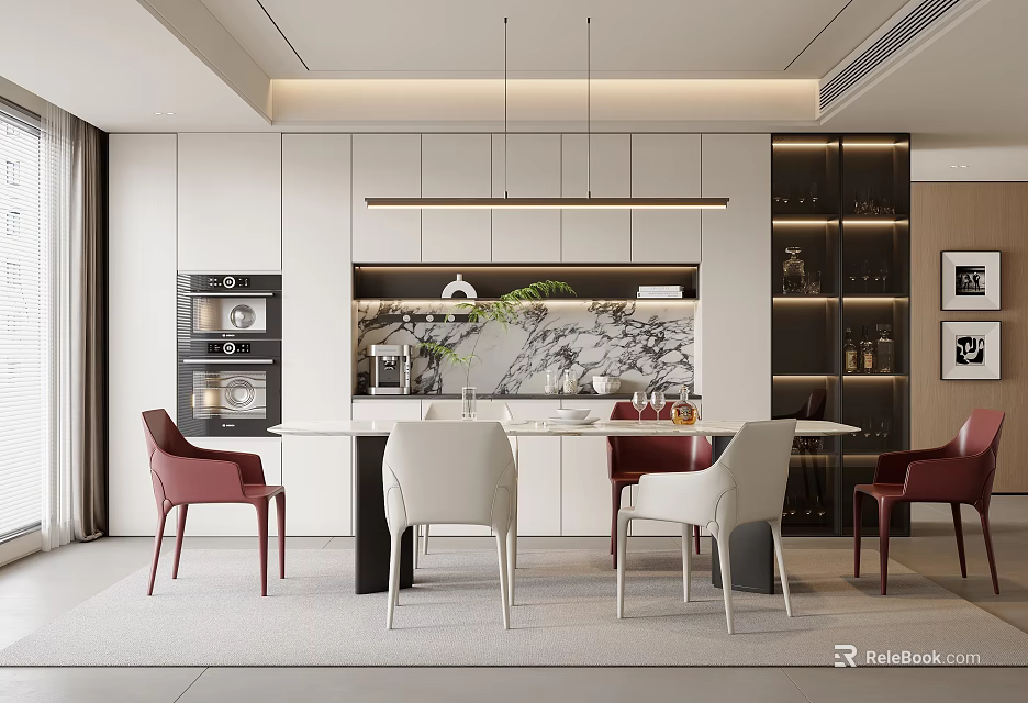 Modern Restaurant Interior With White Cabinets Marble Backsplash Pendant Lights And Red White Chairs 3d model 
