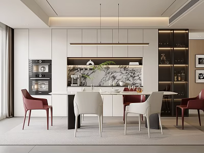 Modern Restaurant Interior With White Cabinets Marble Backsplash Pendant Lights And Red White Chairs 3d model